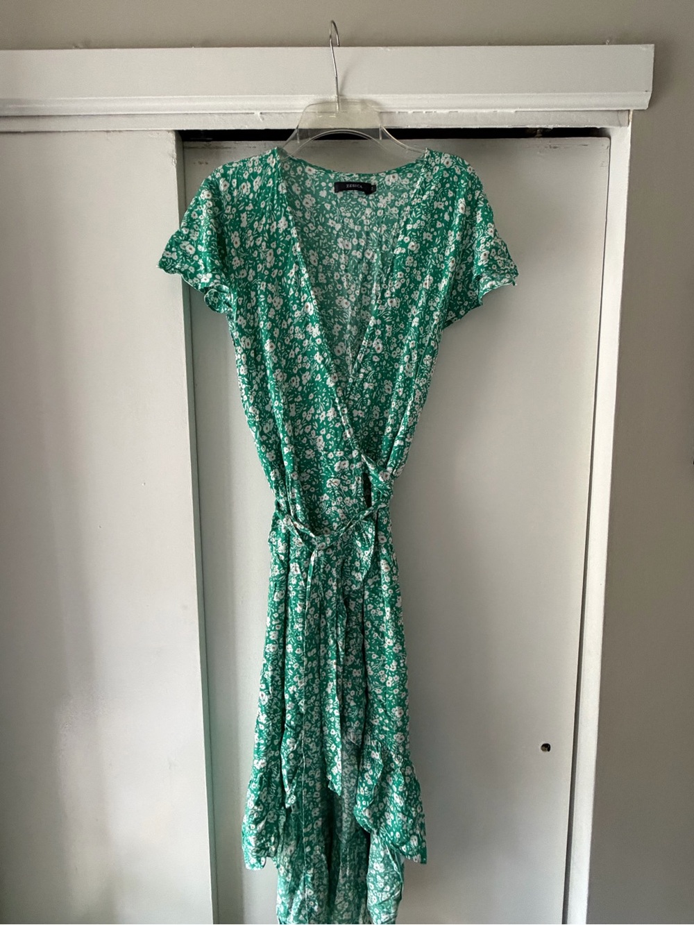 Floral Green Wrap Hi-Low Dress with Tie Waist